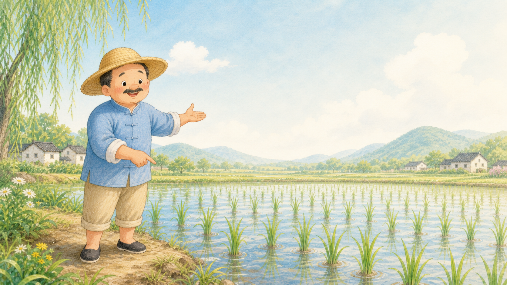农夫站在健康的禾苗旁，感谢大家并分享耐心成长的道理