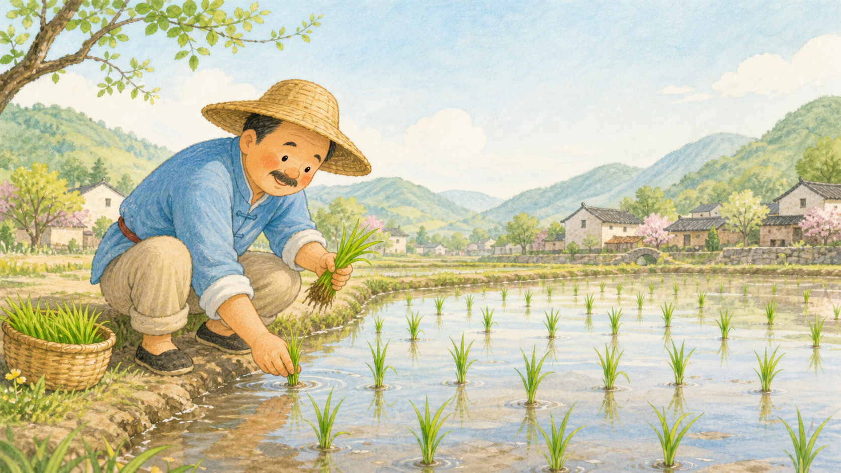 农夫在田里种下小小的禾苗
